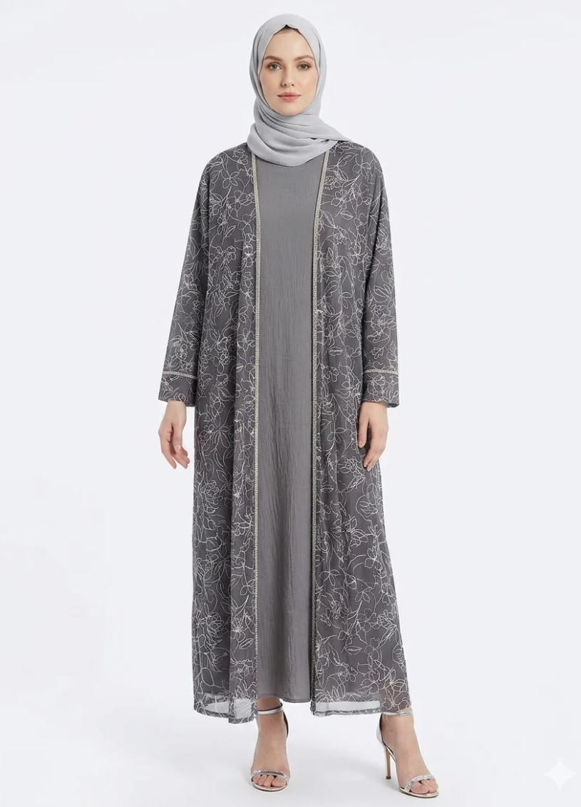 Silver Grey Flora Sheer Kimono Abaya - Front View