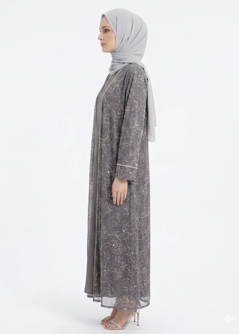 Silver Grey Flora Sheer Kimono Abaya - Side View