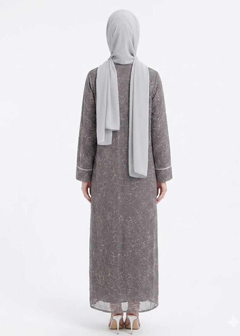 Silver Grey Flora Sheer Kimono Abaya - Back View