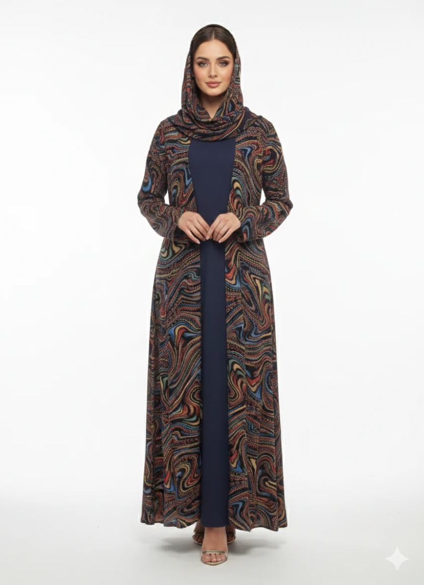 Multicolour swirl print abaya set front view