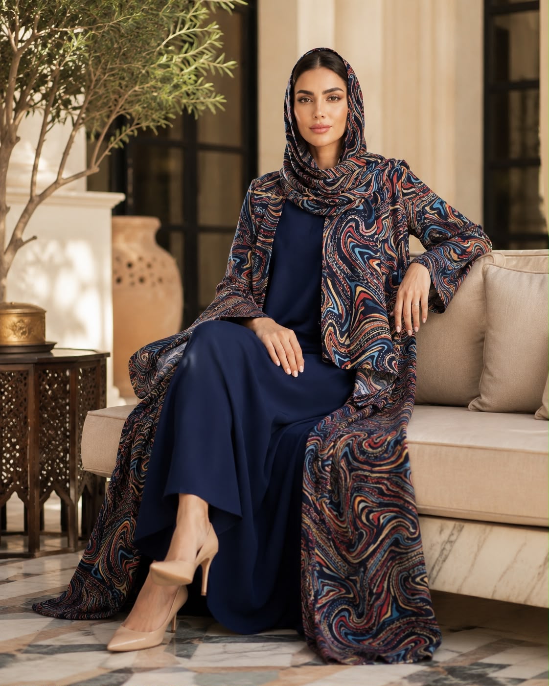 Multicolour Swirl Open Abaya with Navy Inner Dress