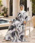 Grey Marble Swirl Satin Abaya - Seated Poolside