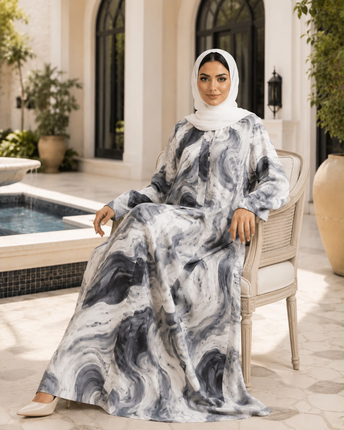 Grey Marble Swirl Satin Abaya - Seated Poolside