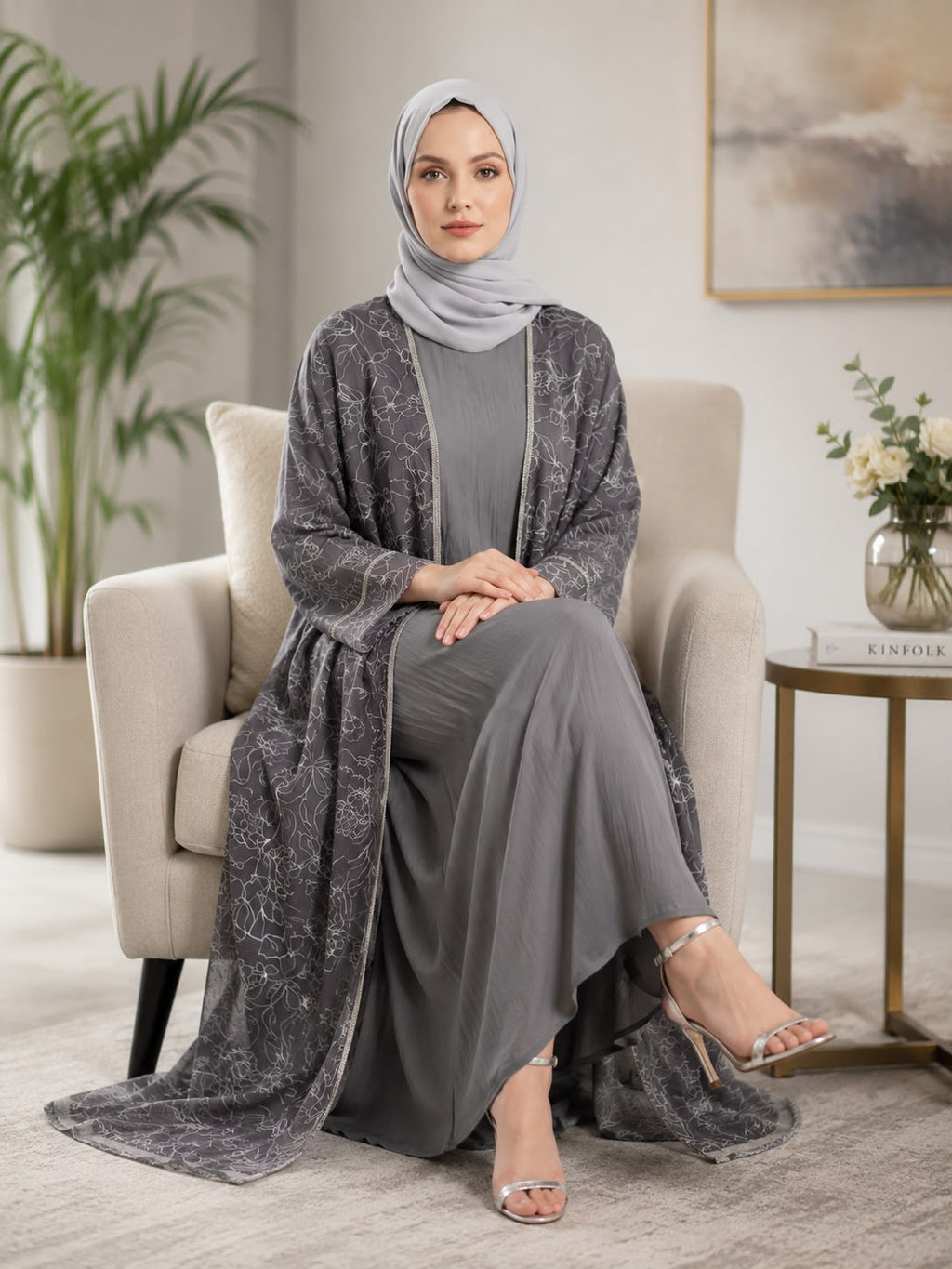 Silver Grey Flora Sheer Kimono Abaya - Seated Lifestyle Shot