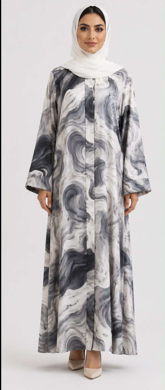 Grey marble swirl abaya front view