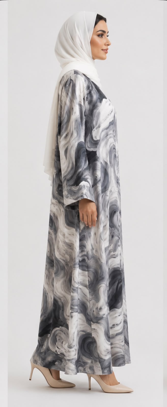Grey marble swirl abaya side view with white hijab