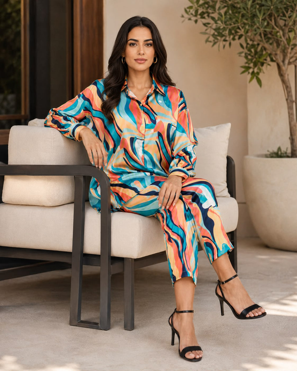 Aurora Wave Satin Co-Ord Set - Lifestyle Shot