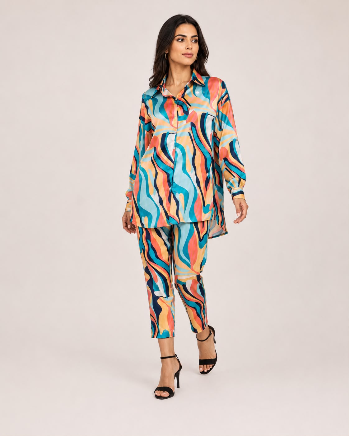 Aurora Wave Satin Co-Ord Set - Walking Pose