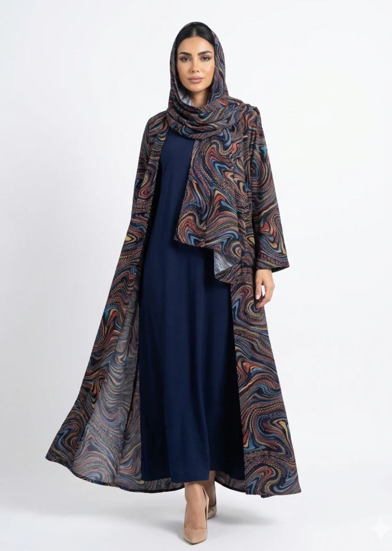 Multicolour swirl print abaya set full look with hijab