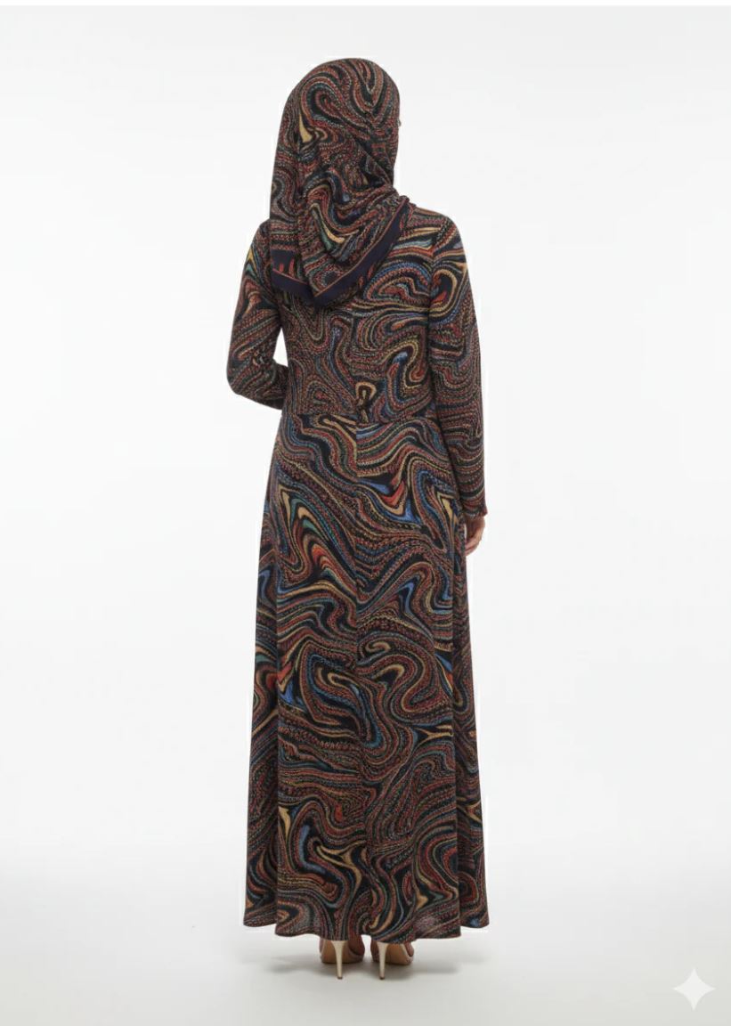 Multicolour swirl print abaya back view
