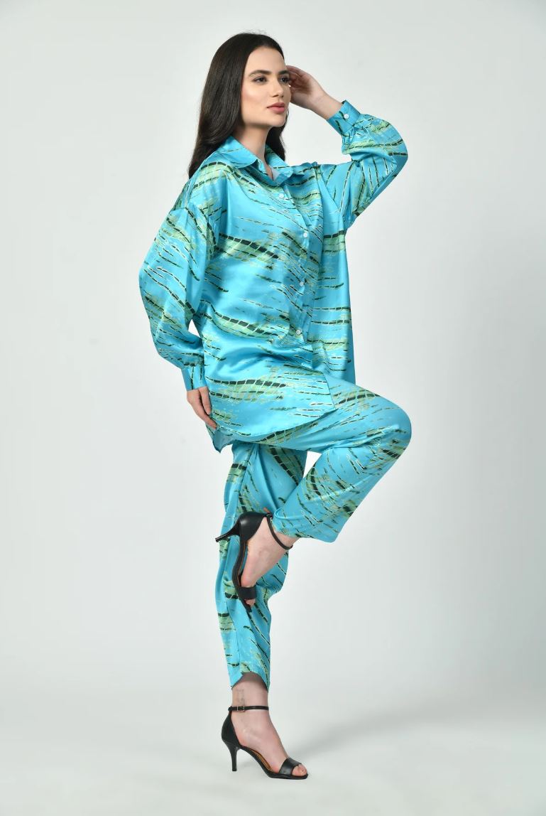 Azure Wave Satin Co-Ord Set - Seated Pose