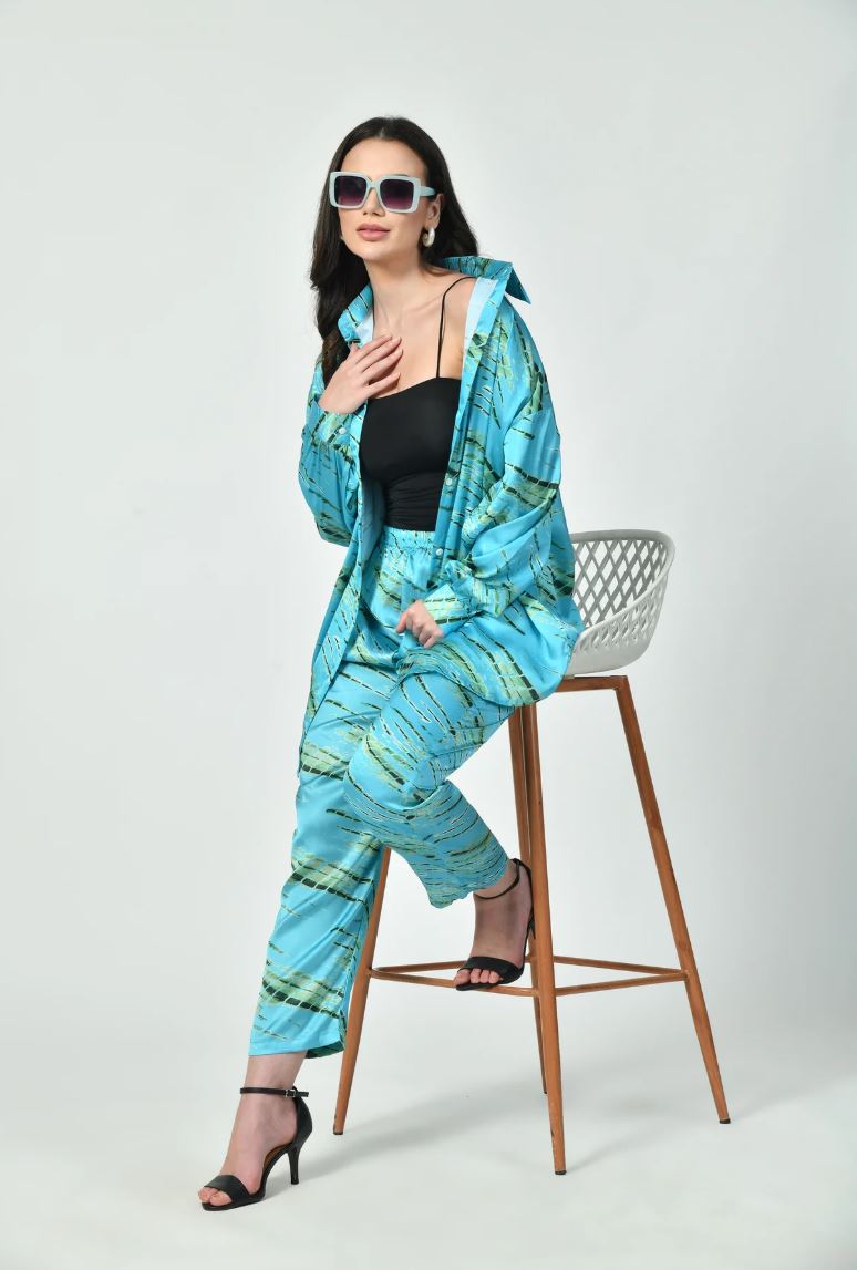 Azure Wave Satin Co-Ord Set - Full Length View