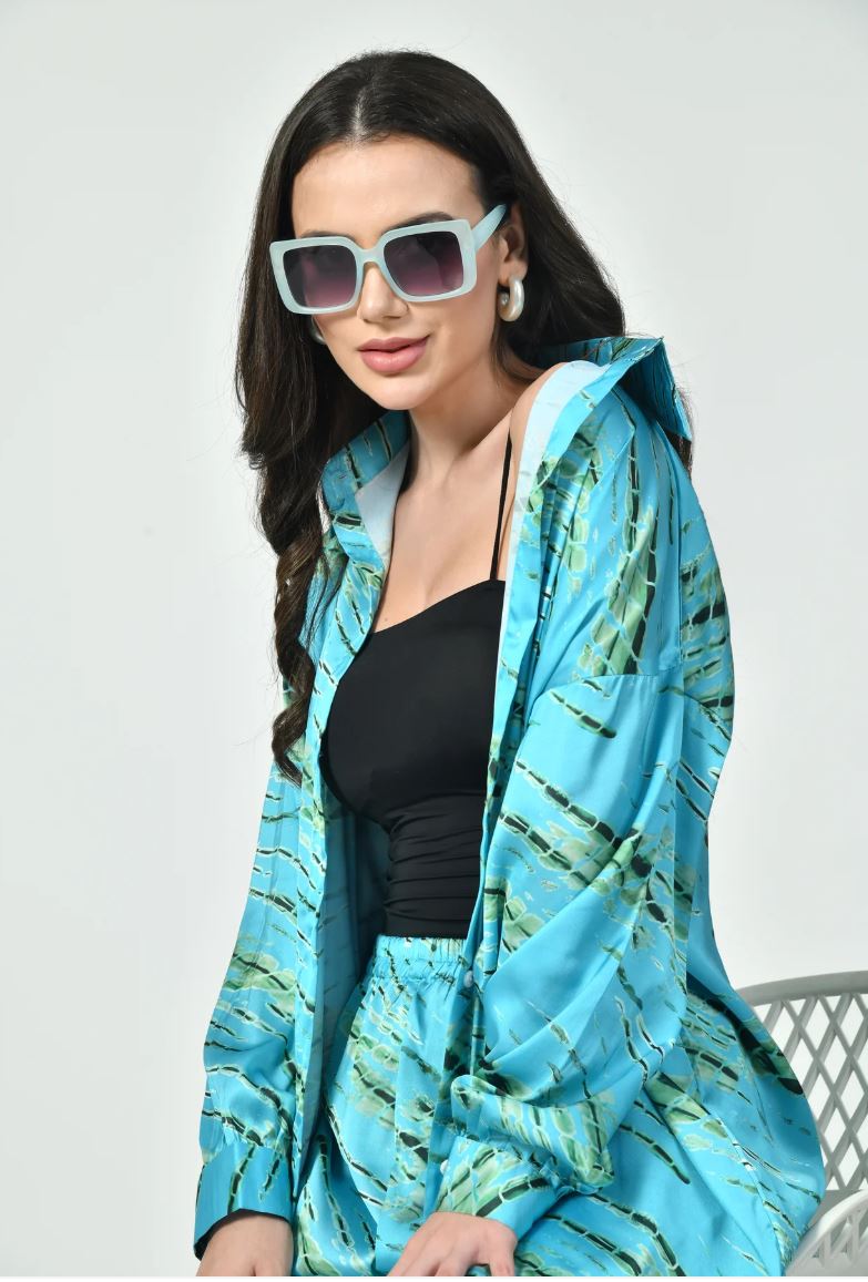 Azure Wave Satin Co-Ord Set - Close Up Detail